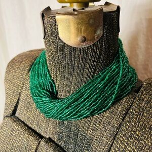 Boho Green Multi Strand Beaded Necklace Crochet Bib Statement Artisan Laos